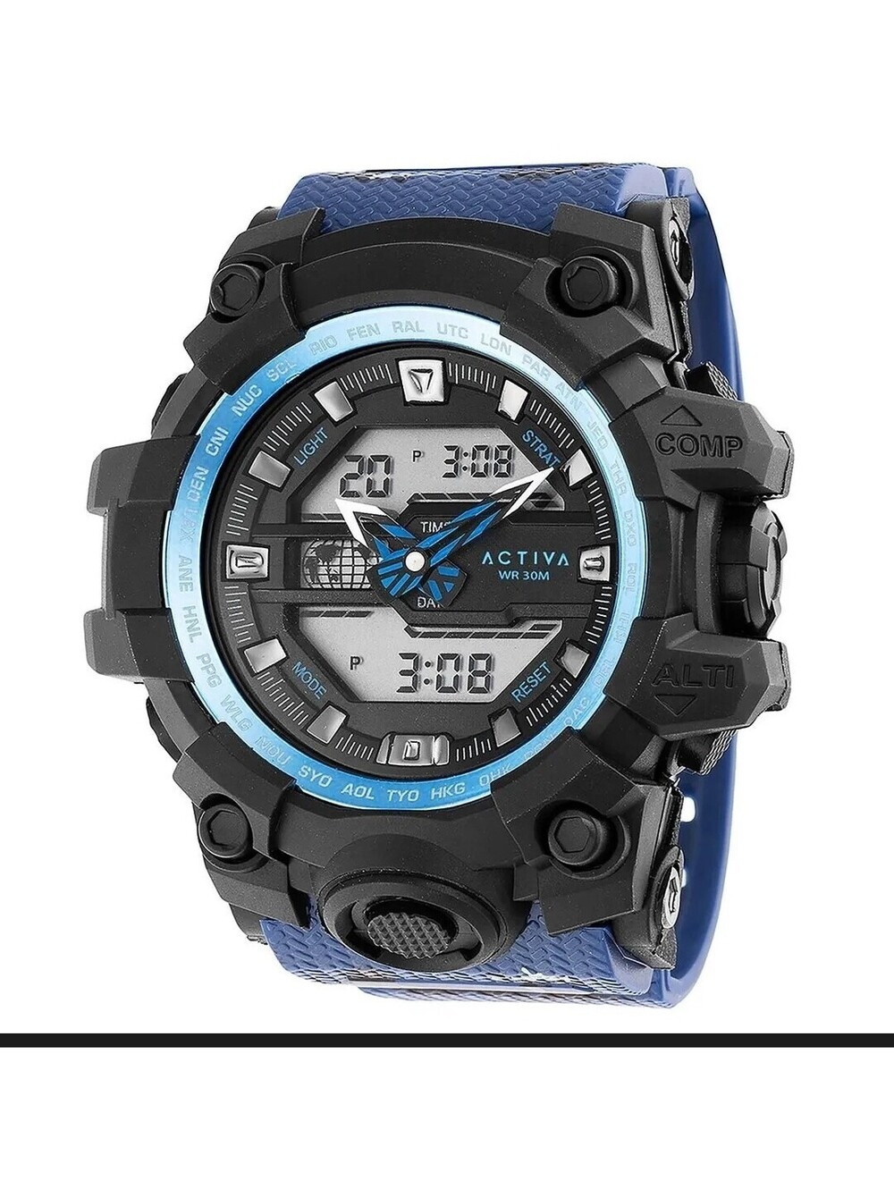 108 Activa Men's Sport Analog & Digital Watch Blue Black Rubber Band Gray dial